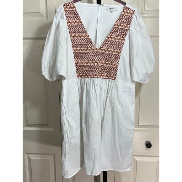 Madewell Sz Large V Neck Smocked Embroidered Poplin Cotton Summer Mini Dress NWT - Picture 2 of 10